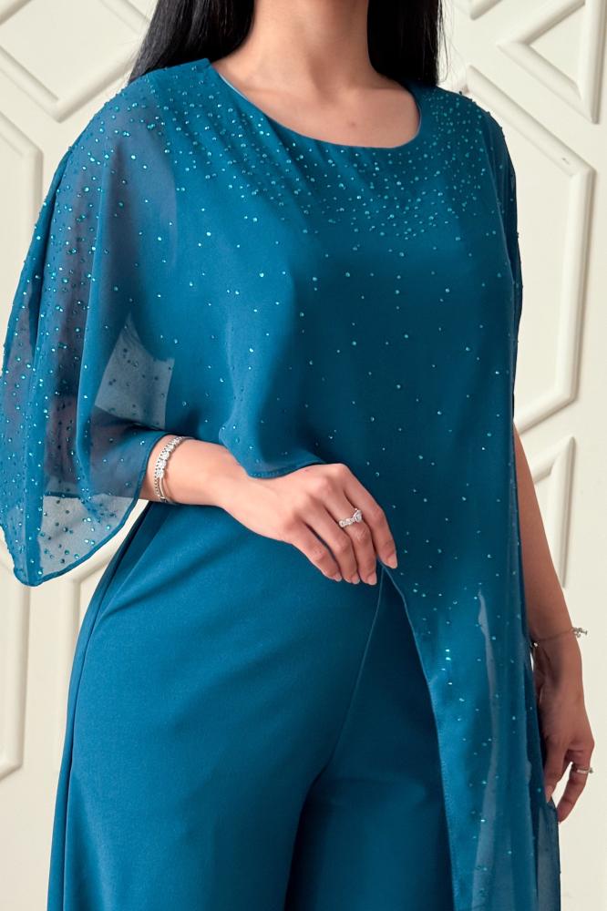 Turquoise sequin jumpsuit with scarf المقاس:(M)