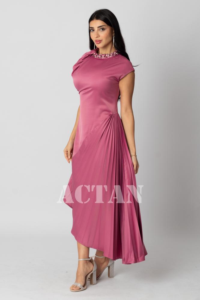 Pink pleated satin midi dress المقاس:(L - 40)