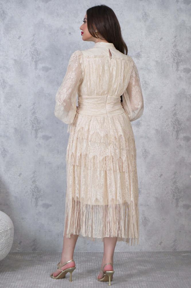 Beige tiered draped midi dress المقاس:(L - 40)