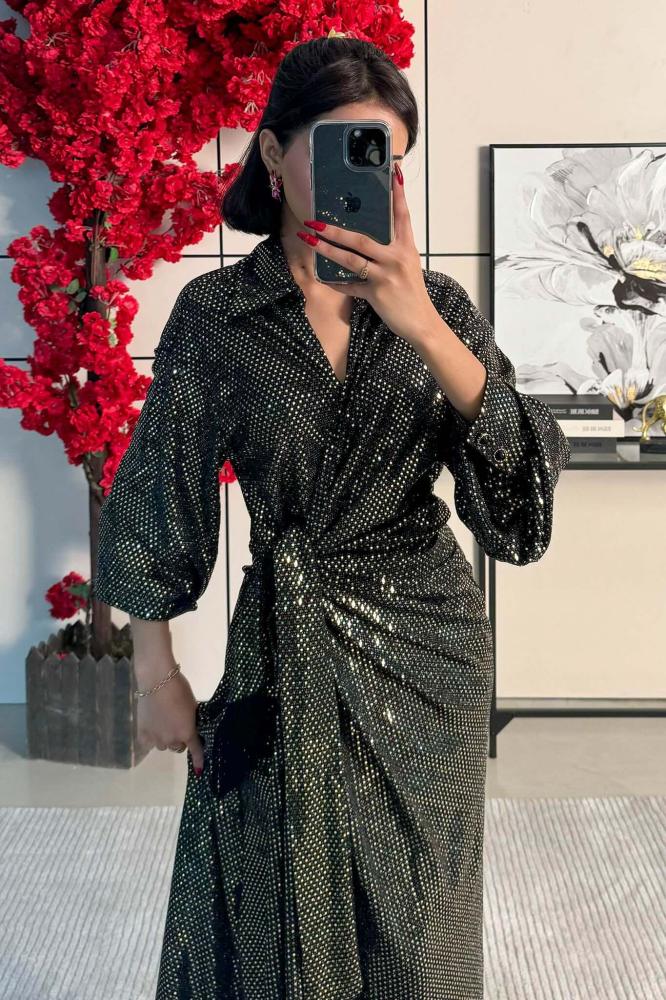 Black Tasseled Shiny Maxi Wrap Dress المقاس:(S)
