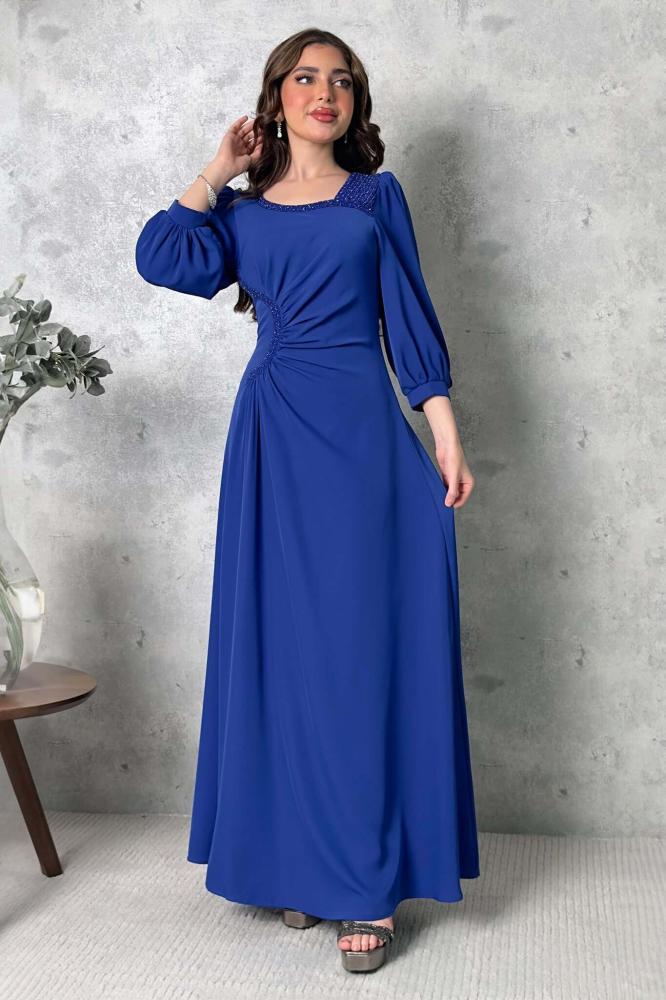 Draped maxi dress with beads and crystals in blue المقاس:(L - 40)