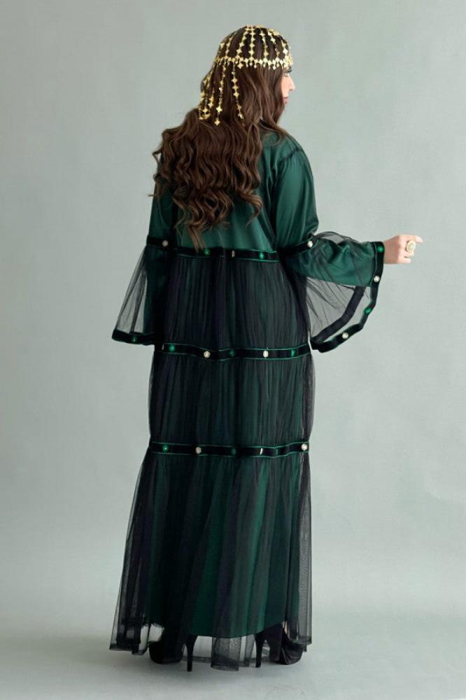 Two-piece traditional embroidered dark green jalabiya المقاس:(M)