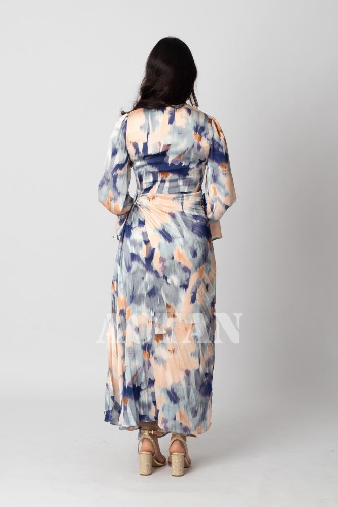 Colorful print pleated satin dress المقاس:(XL - 42)