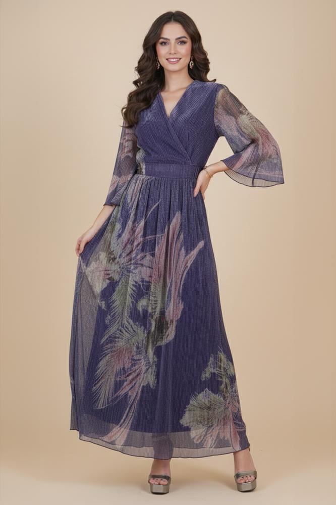 Purple floral pleated maxi dress المقاس:(M - 38)