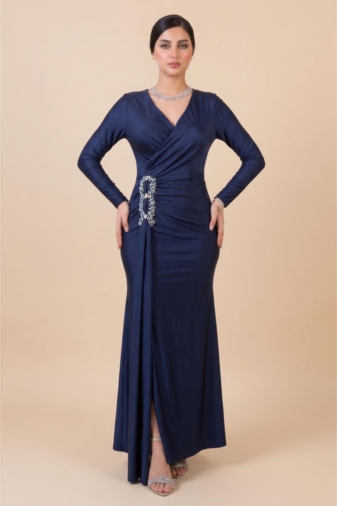 Navy blue maxi dress with slit and gathered waist المقاس:(L - 40)