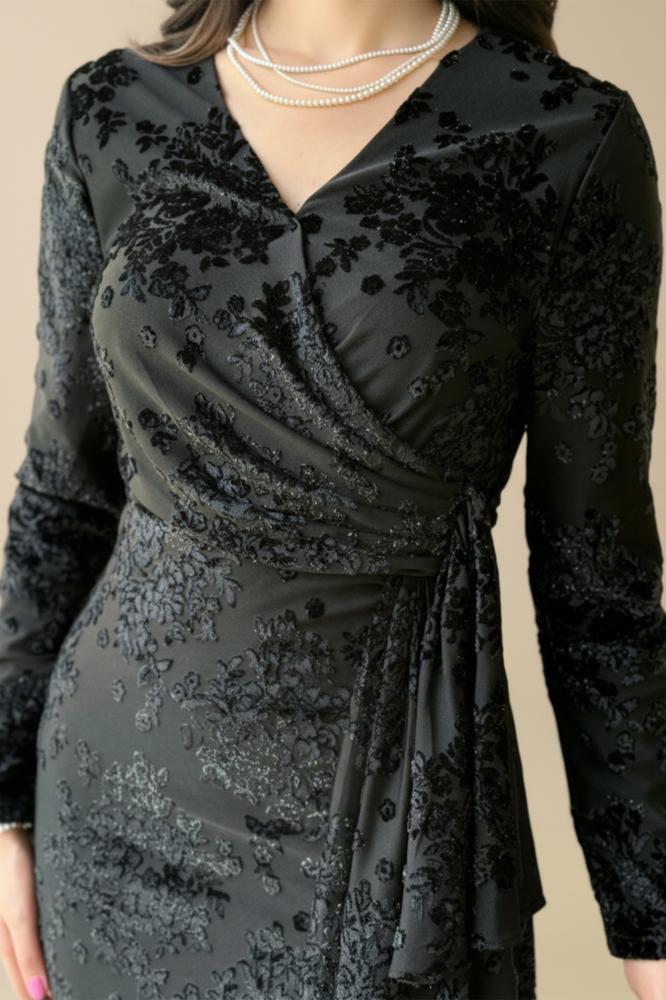 Draped velvet floral print dress المقاس:(XXL - 44)