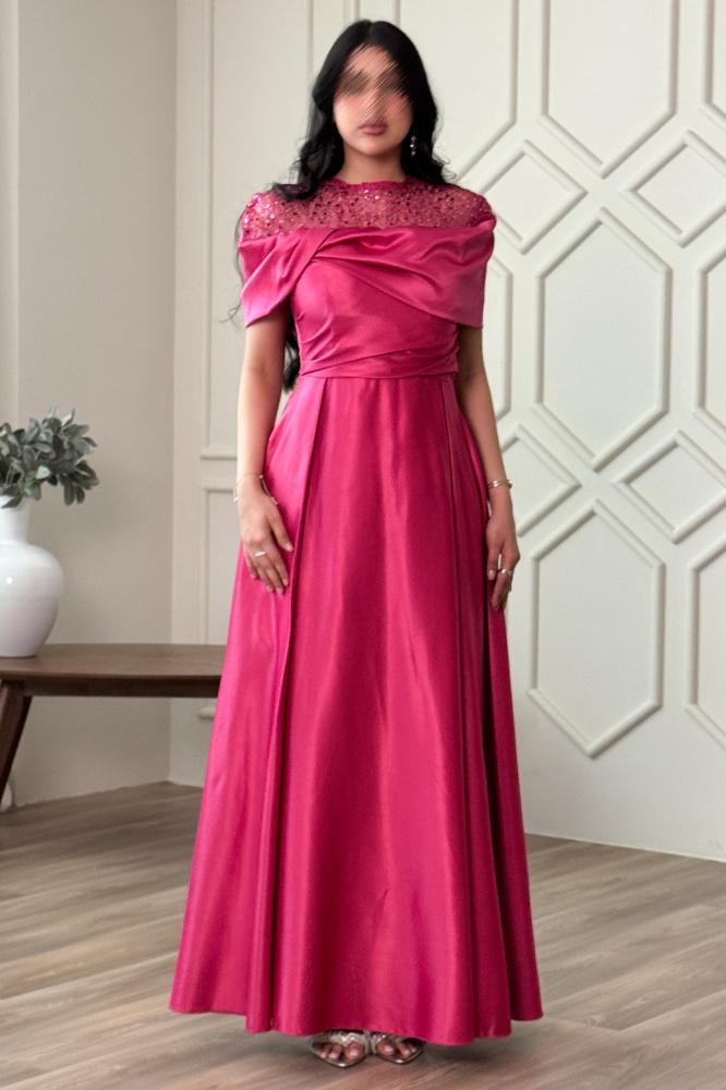 Fuchsia satin taffeta dress with collar sleeves المقاس:(L)