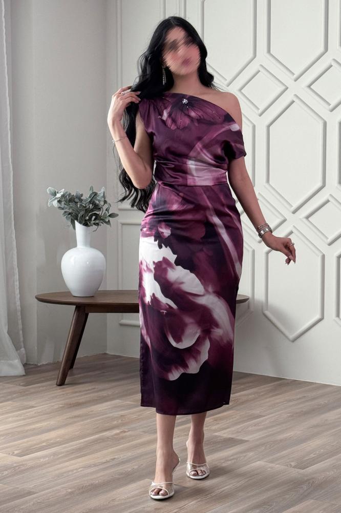 One-shoulder floral print midi dress المقاس:(M - 38)