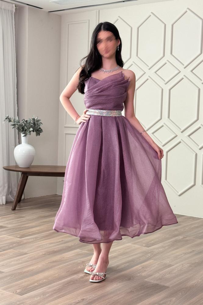 Purple shiny belted cloche dress المقاس:(L)