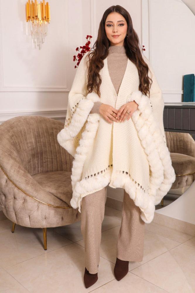 Black wool shawl with white cardigan sleeves المقاس:(Free Size)