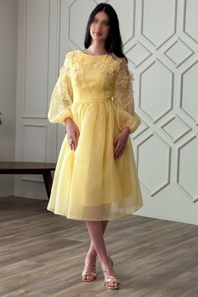 Short chiffon dress decorated with light yellow rose appliqués المقاس:(L - 40)