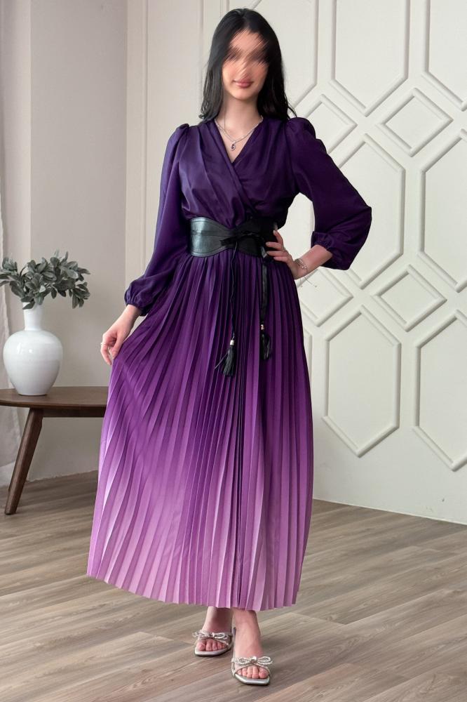 Purple pleated wavy dress with belt المقاس:(L)