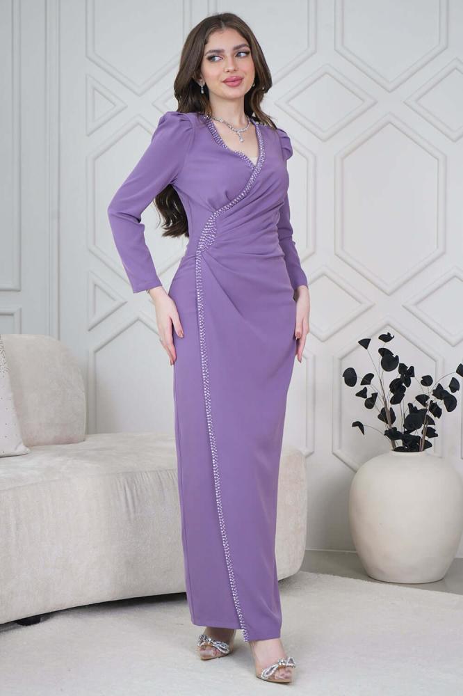 Draped maxi dress with a slim fit and decorated with beads in mauve المقاس:(L - 40)
