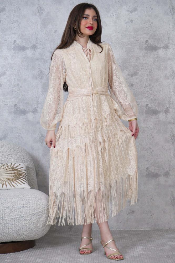 Beige tiered draped midi dress المقاس:(L - 40)