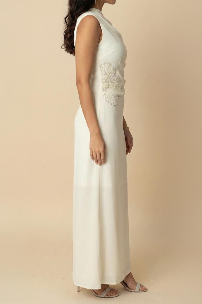 Beige Draped Sequin Maxi Dress المقاس:(L - 40)