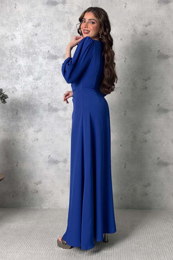 Draped maxi dress with beads and crystals in blue المقاس:(L - 40)