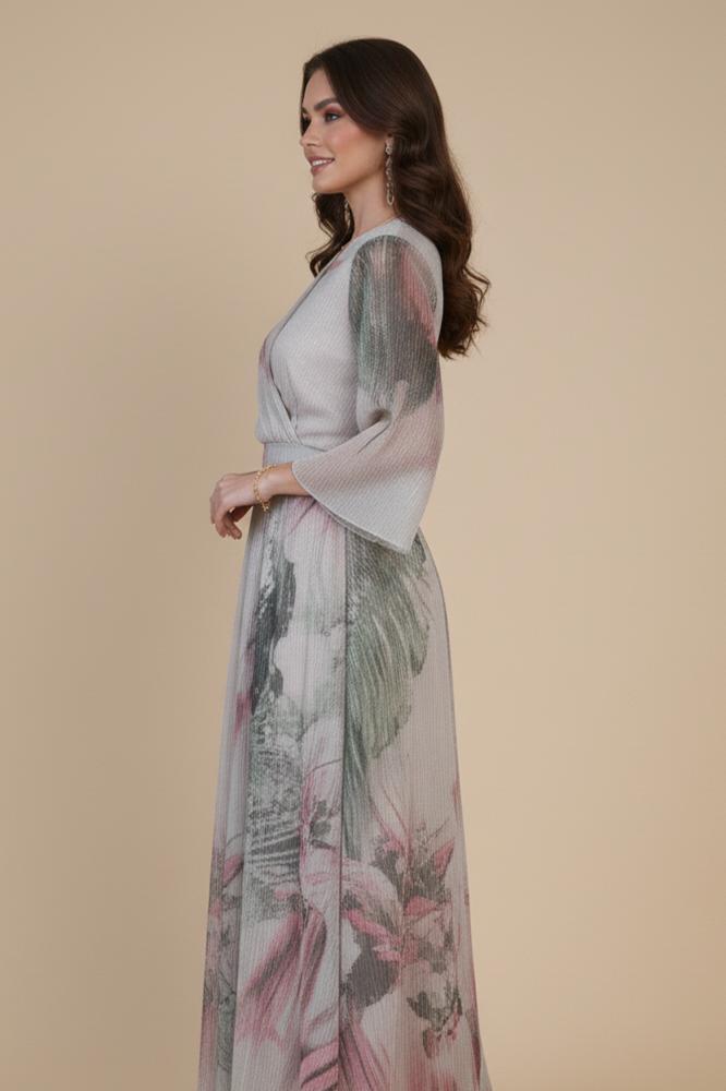 Beige floral print pleated maxi dress المقاس:(M - 38)