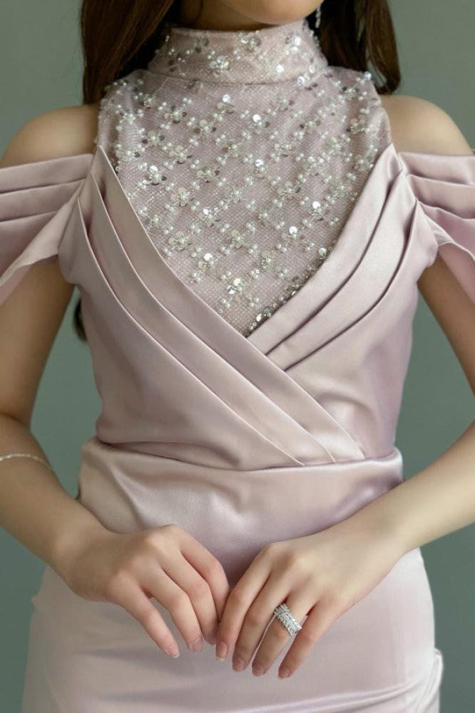 Pink embroidered maxi evening dress المقاس:(M)
