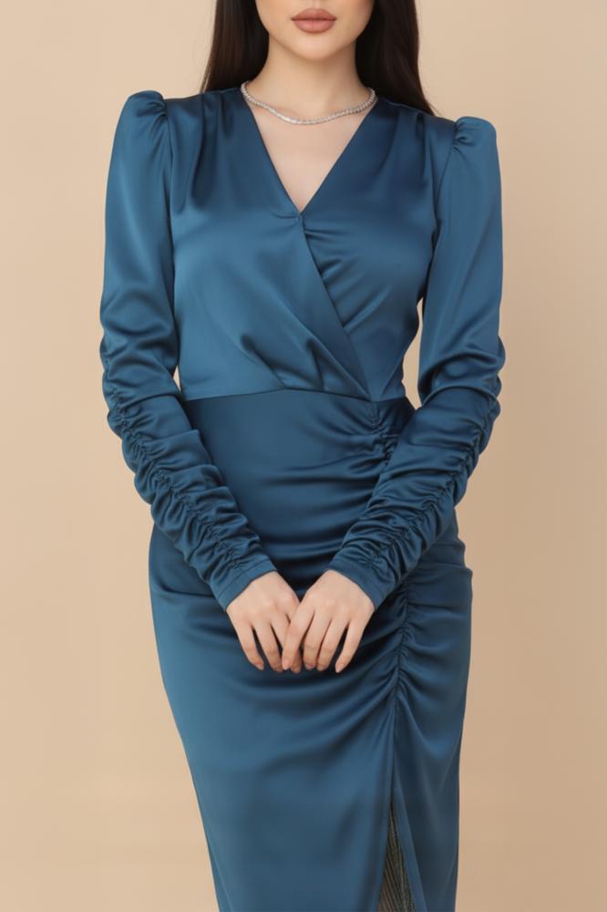 Turquoise Crystal Tassel Pleated Dress المقاس:(XXL)