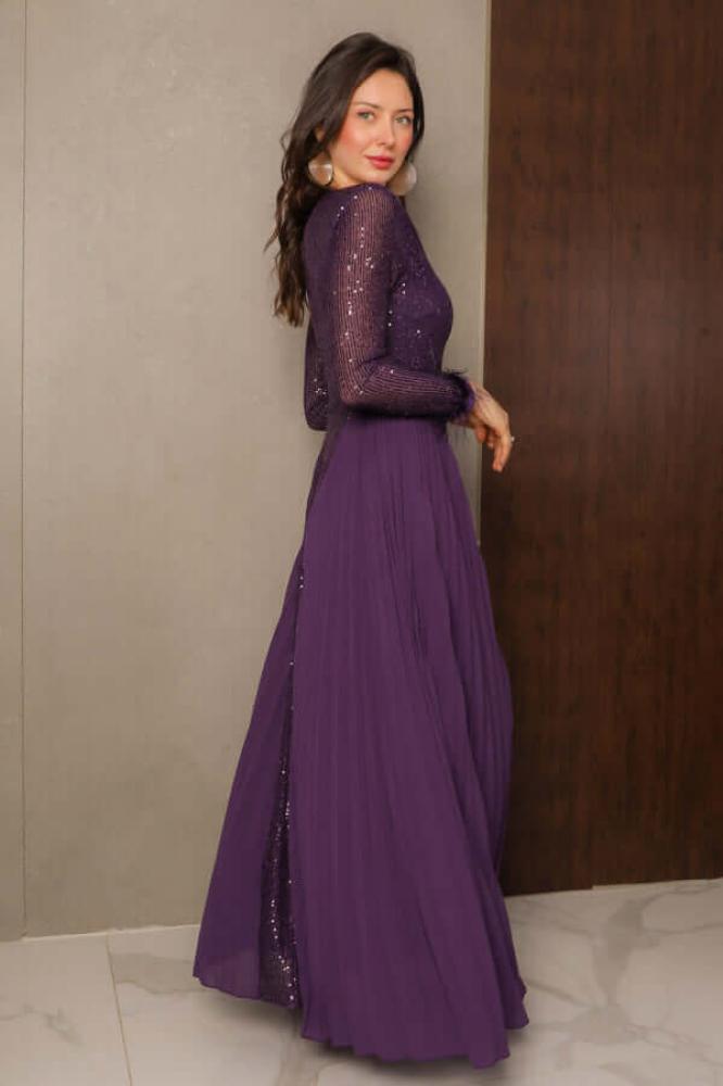 Long purple chiffon pleated sequin evening dress المقاس:(L - 40)