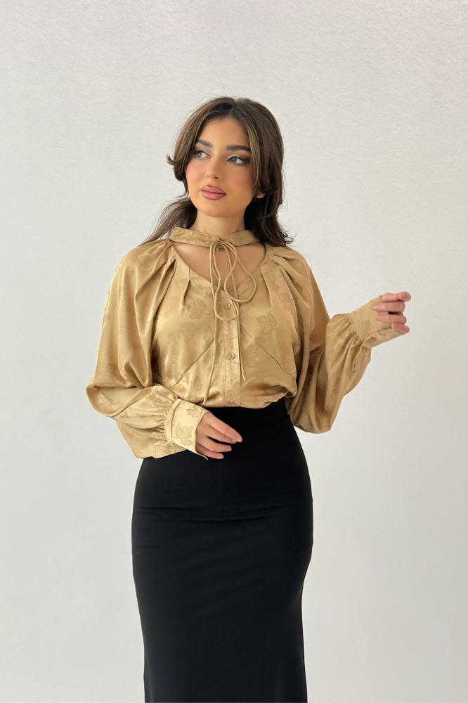 Beige Leaf Print Tie Neck Blouse المقاس:(M)