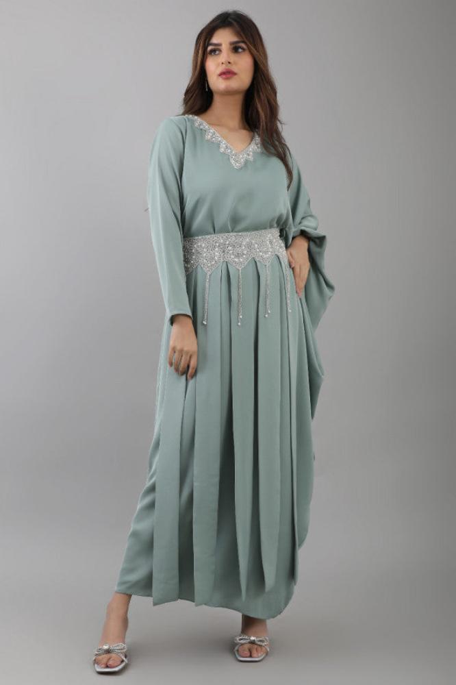 Modern jalabiya with a distinctive design, embroidered with beads and pearls, Tiffany color المقاس:(L)