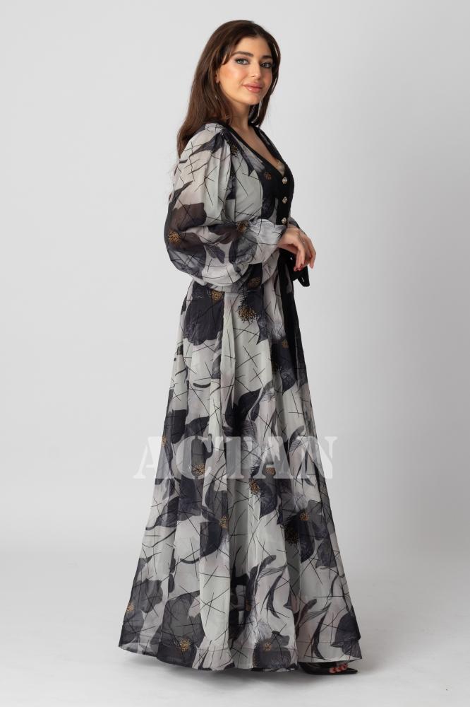 Grey Chiffon Velvet Dress with Rose Print المقاس:(M - 38)