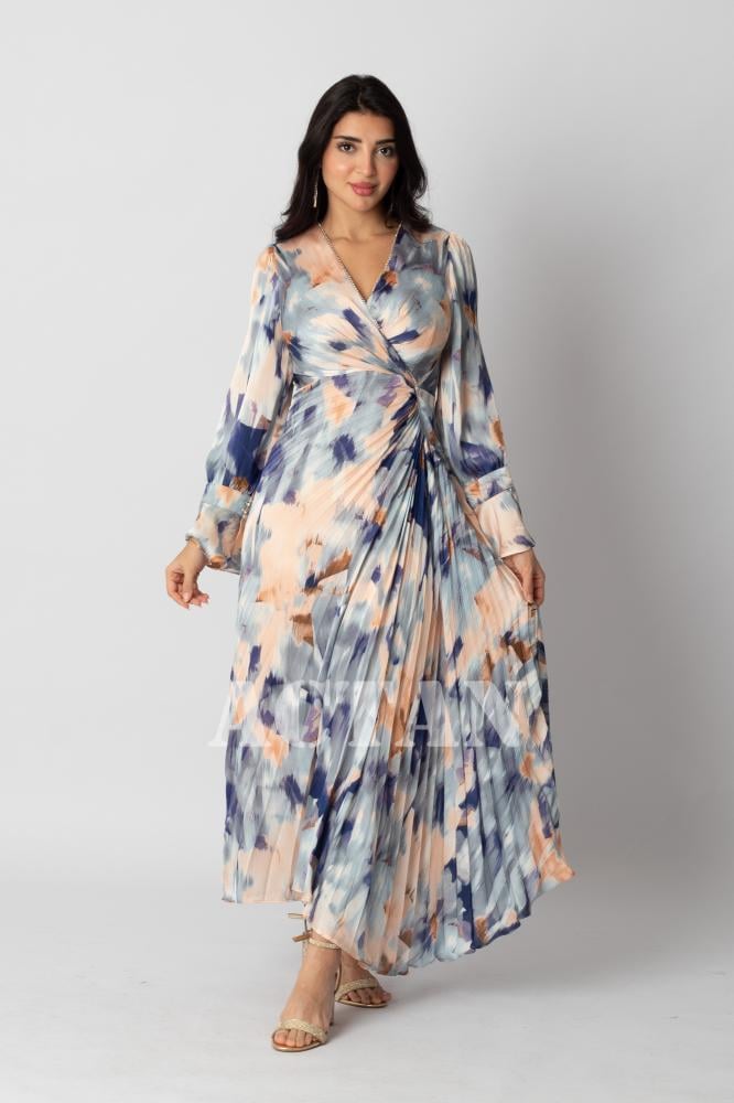 Colorful print pleated satin dress المقاس:(XL - 42)