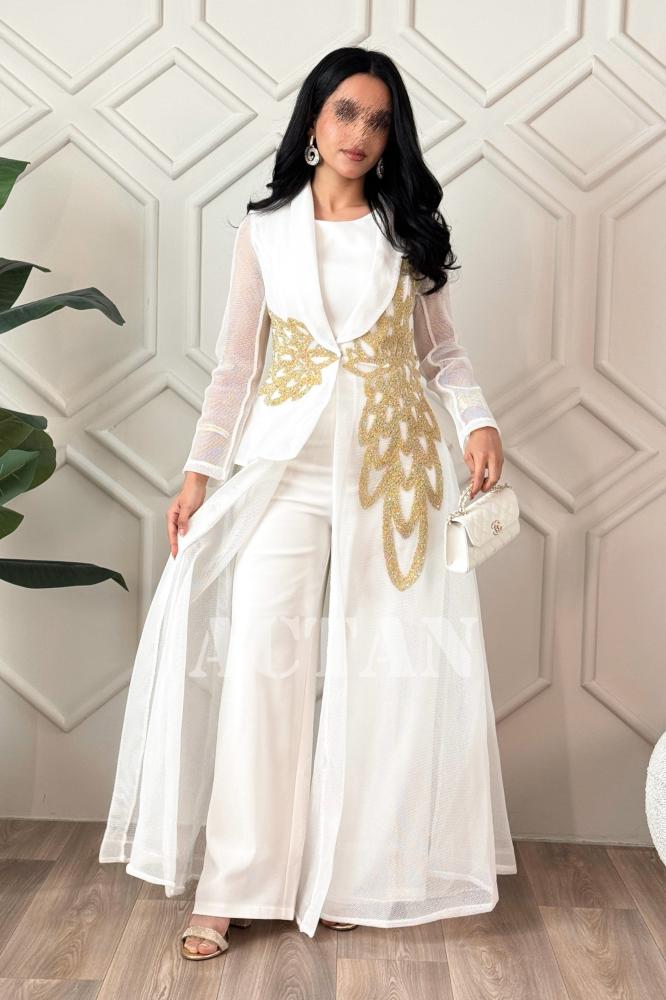 White Beaded Mesh Cape Jumpsuit المقاس:(L - 40)