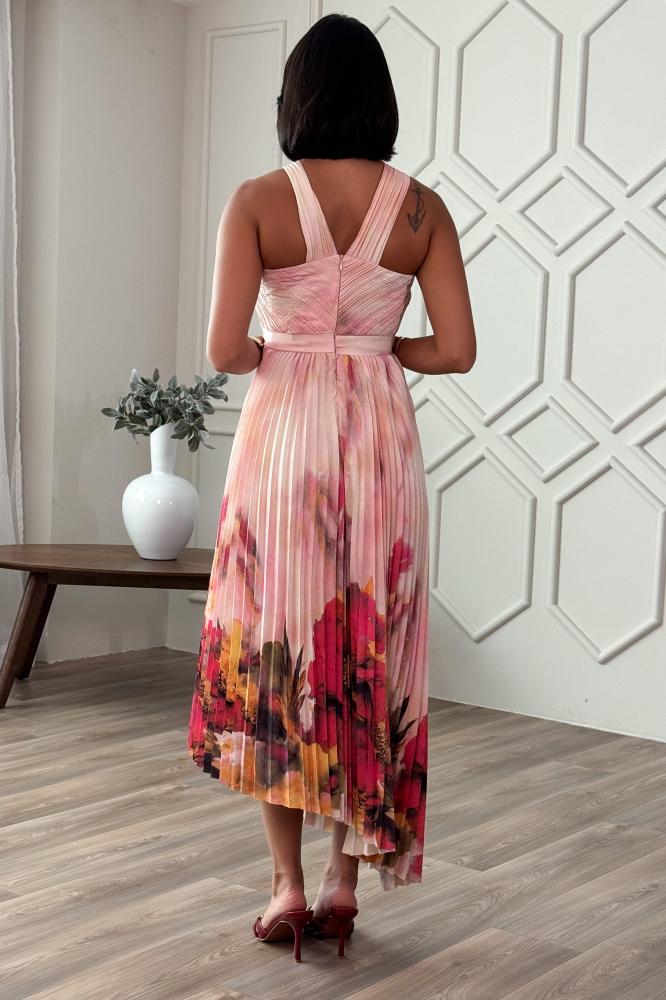 Fuchsia Floral Pleated Midi Dress المقاس:(M - 38)
