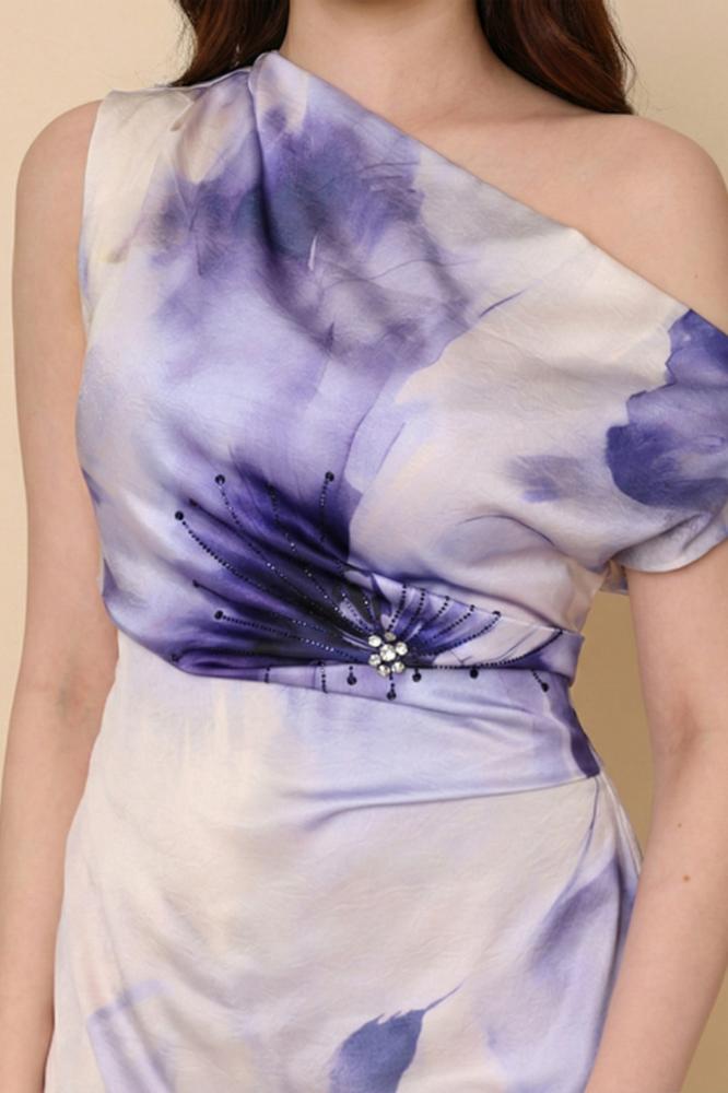 Purple Floral Print Bodycon Dress المقاس:(L - 40)