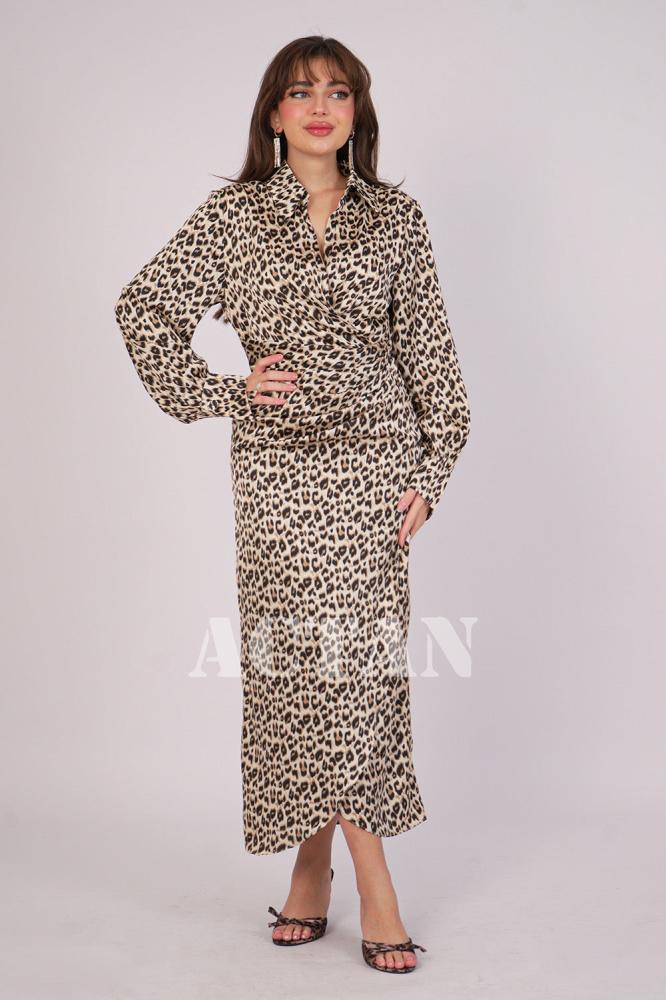Beige leopard print draped dress المقاس:(L - 40)