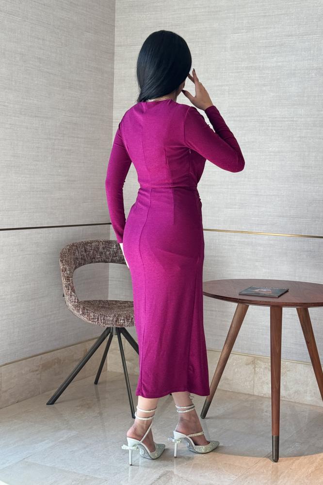 Fuchsia Brooch Pleated Midi Dress المقاس:(M - 38)