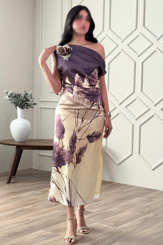 One-shoulder floral print midi dress المقاس:(L - 40)
