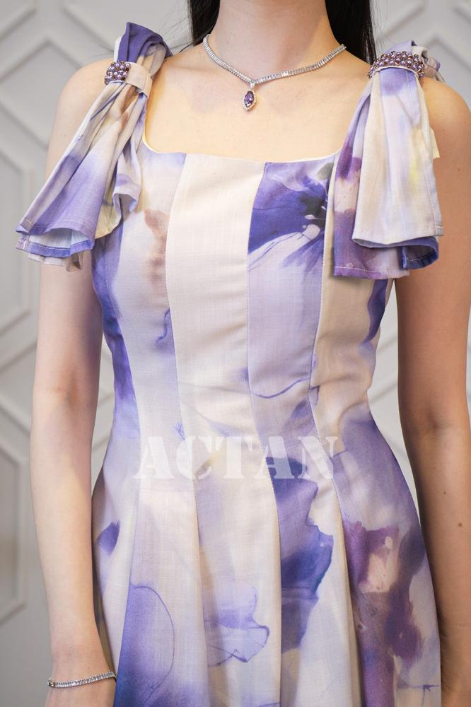 Purple Floral Print Bow Shoulder Dress المقاس:(L - 40)