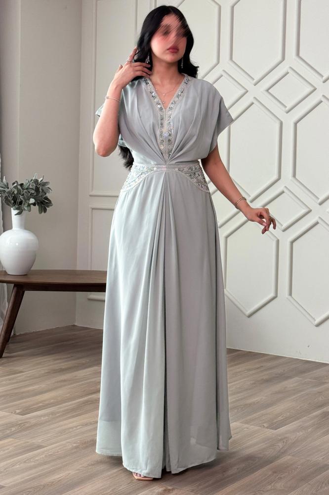 Light blue chiffon jalabiya with sequins المقاس:(L - 40)
