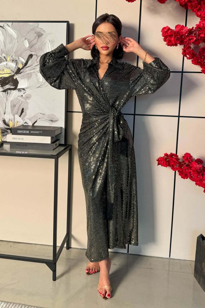 Black Tasseled Shiny Maxi Wrap Dress المقاس:(S)