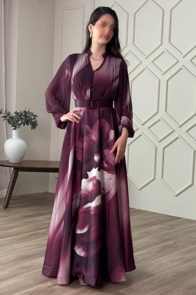 Purple floral print pleated maxi dress المقاس:(L - 40)