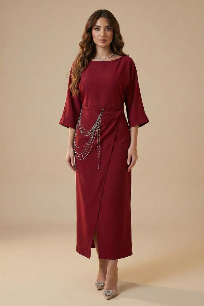 Long crystal-embellished burgundy dress المقاس:(M - 38)
