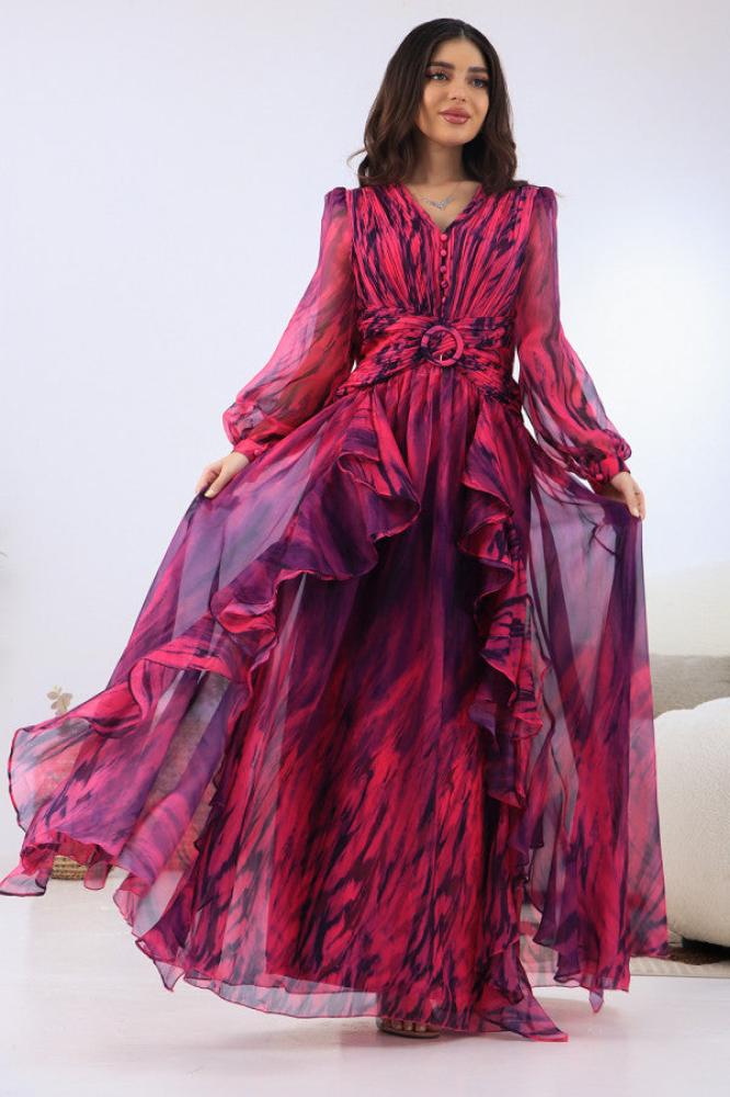 Fuchsia Ruffle Wavy Maxi Dress المقاس:(L - 40)