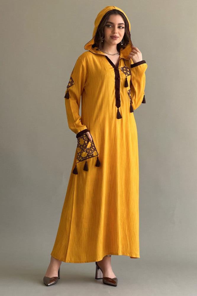 Embroidered caftan with tassels, cumin color المقاس:(S)