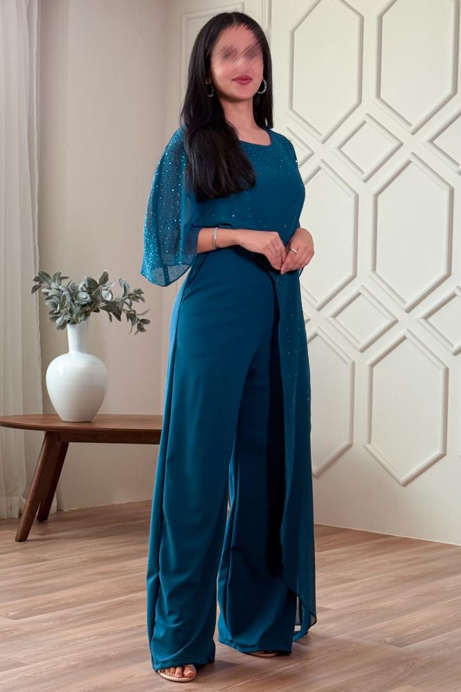 Turquoise sequin jumpsuit with scarf المقاس:(M)