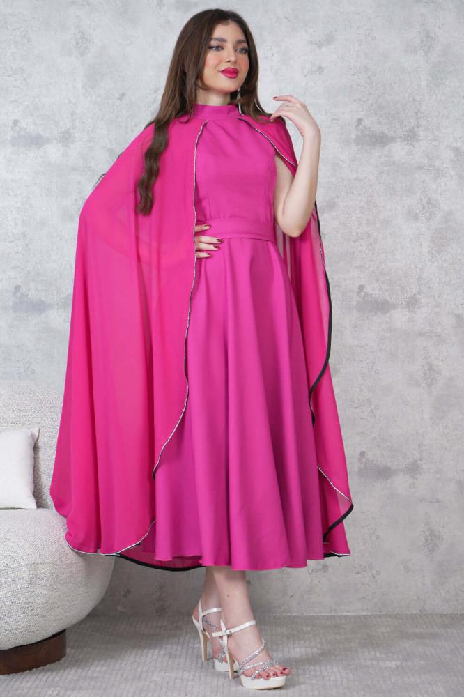 Elegant cape midi dress with embellished fuchsia color المقاس:(L)