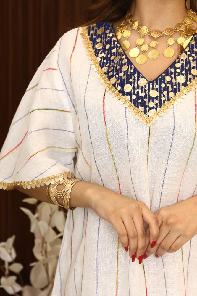 Striped midi jalabiya with gold detailing المقاس:(L)