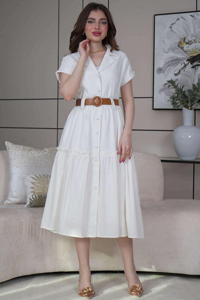 White linen dress with a folded collar المقاس:(M - 38)