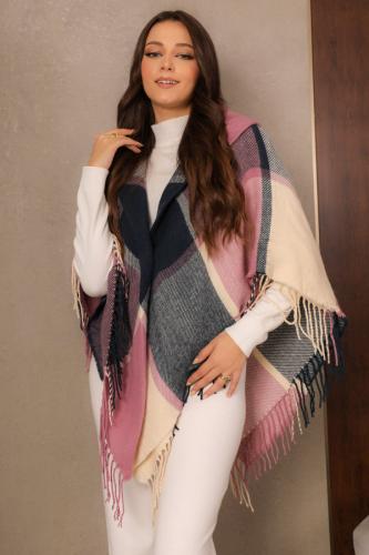 Elegant plaid winter shawl with a triangular cut, pink المقاس:(Free Size)
