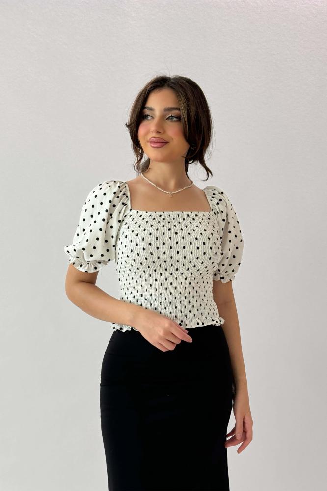 Sugar-colored polka-dot print ruffle-effect blouse المقاس:(L)