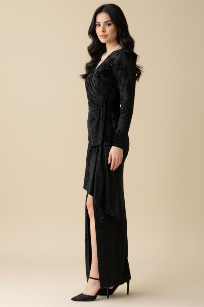 Draped velvet floral print dress المقاس:(XXL - 44)