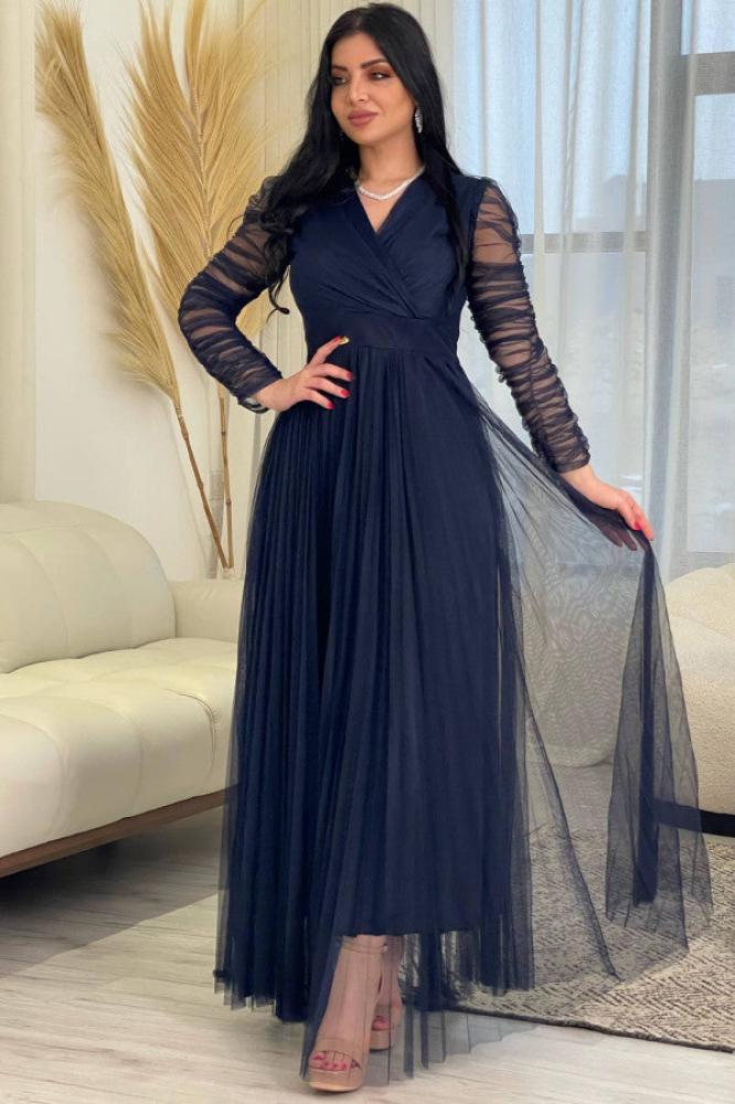 Evening dress with drape sleeves, navy blue المقاس:(M)