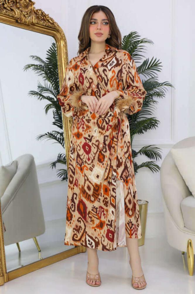 Brown feathered sleeve wrap dress المقاس:(L - 40)